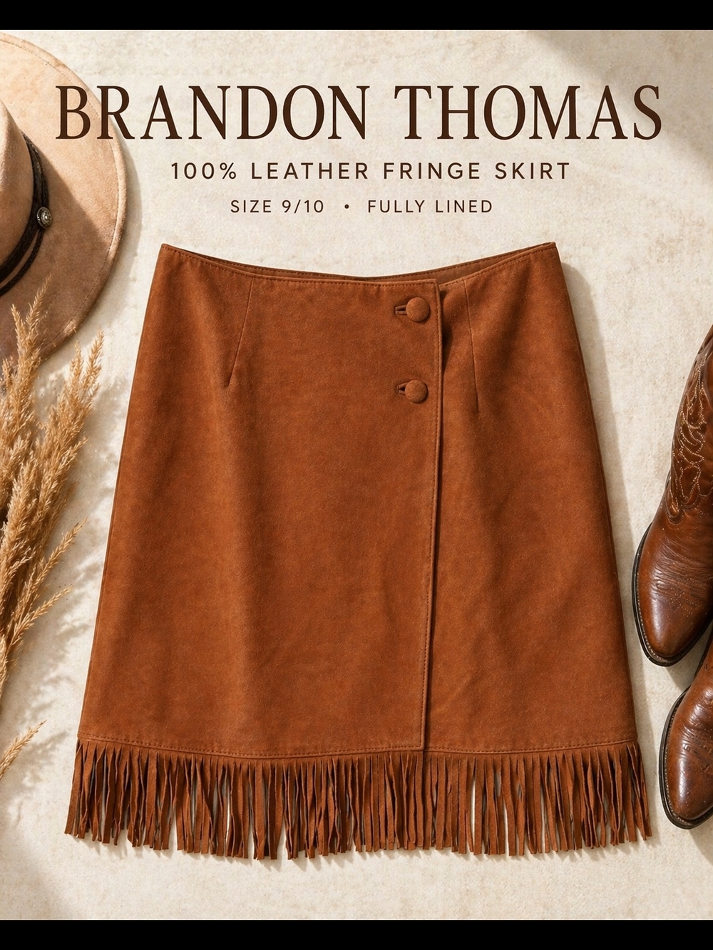 Brandon Thomas 100% Leather Fringe Skirt Brown Western Boho Festival Mini S 9/10